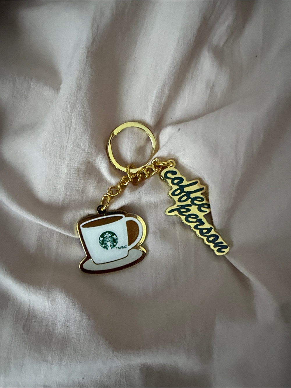 Starbucks Gold & White Coffee Cup Keychain with 'coffee person' Charm
